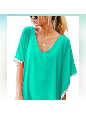 Chiffon Pom Pom Swim Cover Up— Teal